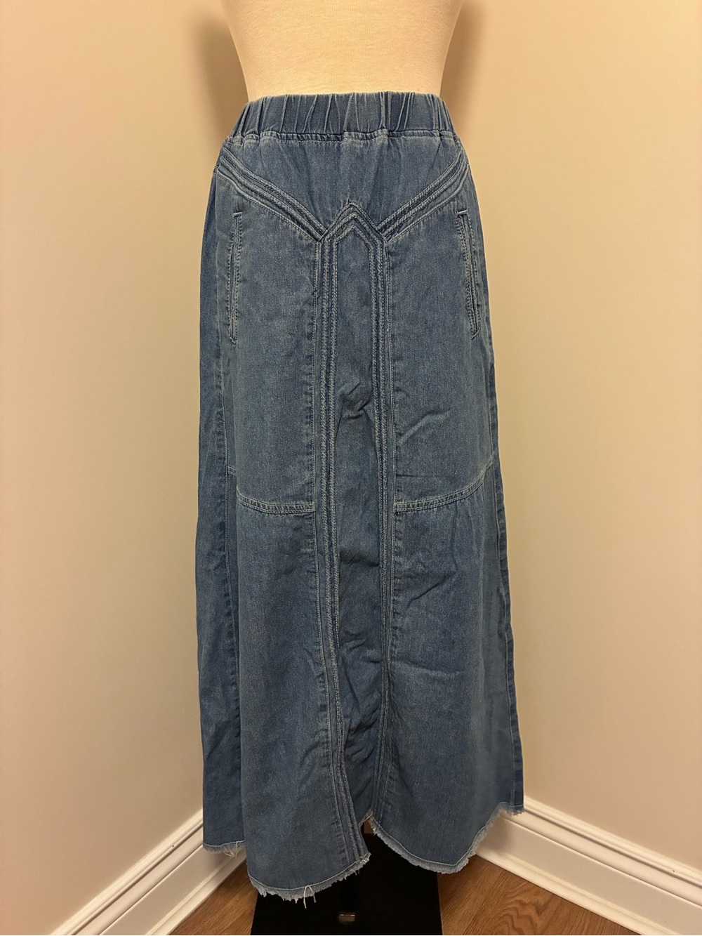 Classic Blue Denim Maxi Skirt - Elastic Waist